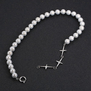 Stainless Steel Diamond Cross Reflective Pearls Splicing Men and Women Delicate Necklace