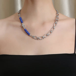 Stainless Steel Reflective Blue Pearl Cross Splicing Trend Necklace
