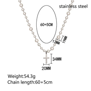 Stainless Steel Inlaid Diamond Cross Splicing Pearl Necklace