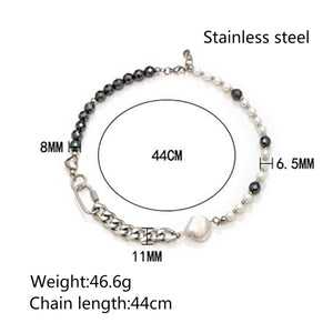 Stainless Steel Retro Black Gallstone Spliced Pearl Necklace