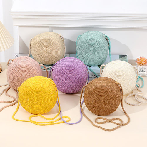 Round cake woven straw bag children's baby travel crossbody bag girl new style all bag cute everything summer