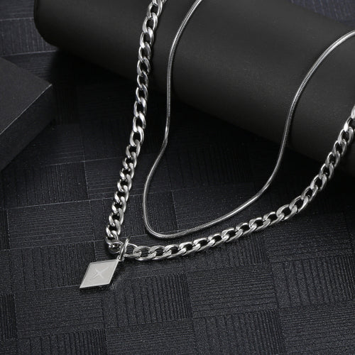 Stainless Steel Double Layered Geometry Rhomb Cross Trend Necklace