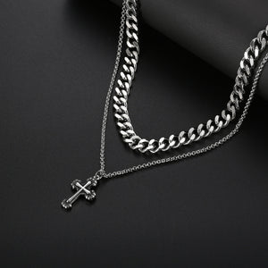 Stainless Steel Cross Cuban Double Layer Trend Fashion Necklace