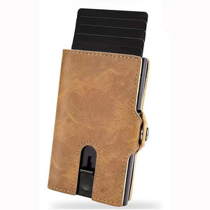 MOQ200 New RFID retro Crazy Horse skin automatic pop-up card aluminum box wallet multi-card coin bag ultra-thin card bag