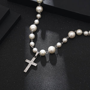 Stainless Steel Inlaid Diamond Cross Splicing Pearl Necklace