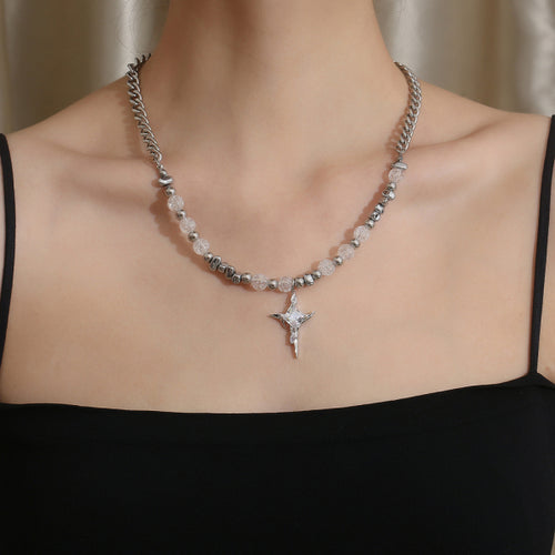 Stainless Steel Bead Splicing Irregular Cross Necklace