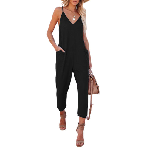 New Summer 2021 Women's Fashion Solid Color V-Neck Pocket Sleeveless Casual Loose Suspender Women's Jumpsuit