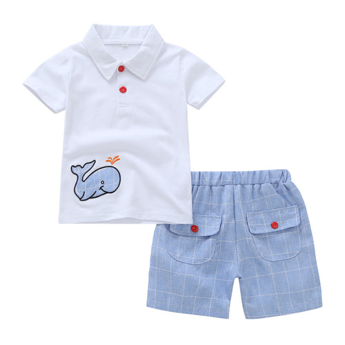 Open chest white embroidered blue whale boy short sleeved shorts set