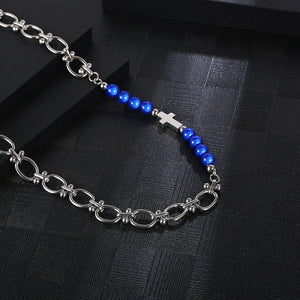 Stainless Steel Reflective Blue Pearl Cross Splicing Trend Necklace