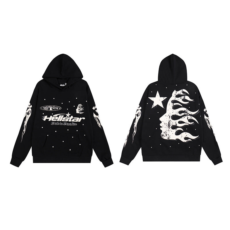 The new Hell Star loose retro letter print hooded sweatshirt and trousers are trendy