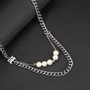 Stainless Steel Double Layered Letter Pearls Trend Necklace
