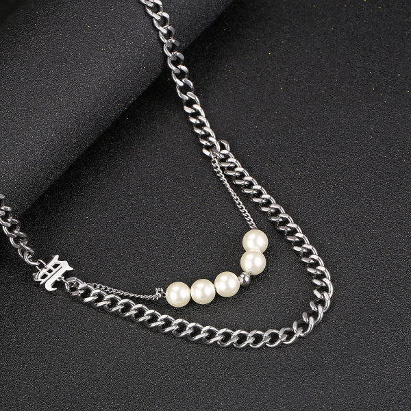 Stainless Steel Double Layered Letter Pearls Trend Necklace