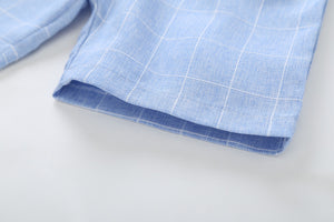 Open chest white embroidered blue whale boy short sleeved shorts set
