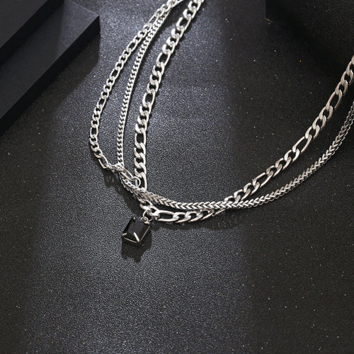 Stainless Steel Multi Layered Black Gemstone Minimalism Necklace