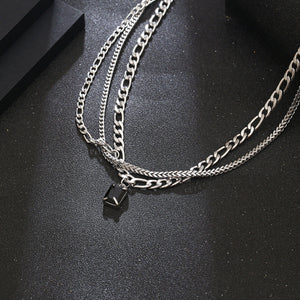 Stainless Steel Multi Layered Black Gemstone Minimalism Necklace