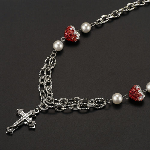 Stainless Steel Colored Diamond Inlaid Heart Splicing Cross Men And Women Necklace