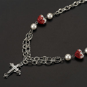 Stainless Steel Colored Diamond Inlaid Heart Splicing Cross Men And Women Necklace