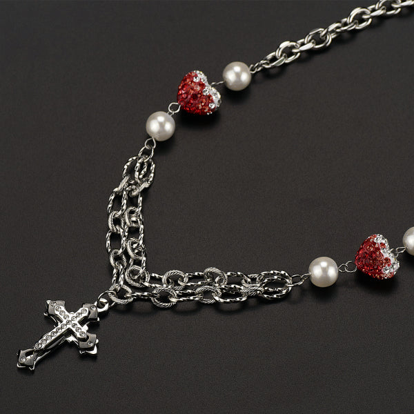 Stainless Steel Colored Diamond Inlaid Heart Splicing Cross Men And Women Necklace