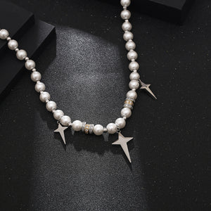 Stainless Steel Metal Spliced Pearl Cross Trend Necklace