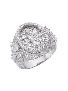 Mens Womens Silver Ring White Gold Engraved Signet Ring Virgin Mary Bible Verse Prayer Rings Christian High Polished Princess Cut Diamond Cross Ring Religious Gifts Jewelry
