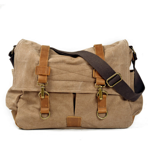 Men's casual canvas satchel literary retro shoulder with leather skew bag women's simple messenger bag computer bag